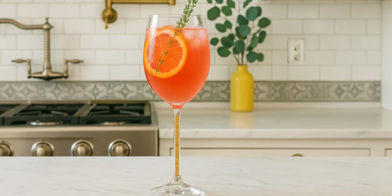 Orange citrus cocktail in a gold-stem wine glass on a kitchen counter