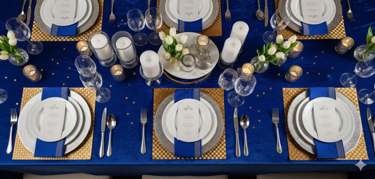Elegante mesa azul y dorada con manteles individuales dorados, platos blancos y cristalería de cristal