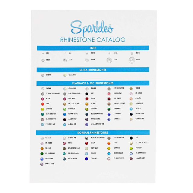 Rhinestone catalog card featuring a white background blue headers and colorful rhinestone samples in various shapes and sizes.