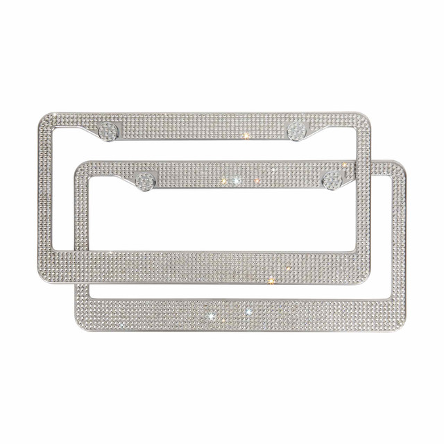 Two silver stainless steel license plate frames adorned with clear glass rhinestones featuring a textured surface and rounded corners.