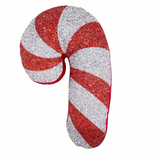 Candy cane shaped pillow with red and silver glitter stripes plush texture and a pink border.