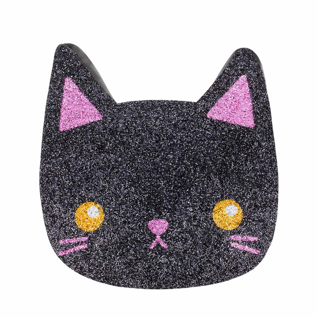 Black cat-shaped pillow with a glittery black surface pink ears yellow eyes and a pink nose.