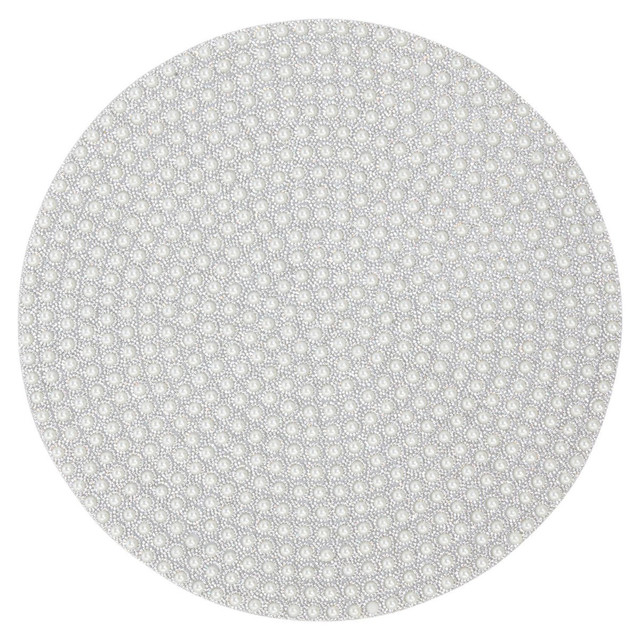 Round placemat featuring a pearl-like texture with sparkling rhinestones set against a soft gray background felt backing.