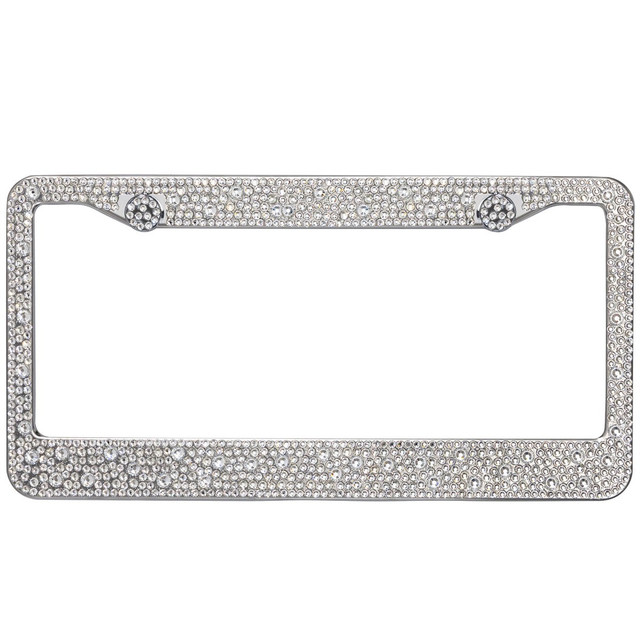 Silver license plate frame adorned with clear rhinestones featuring a rectangular shape and smooth edges.