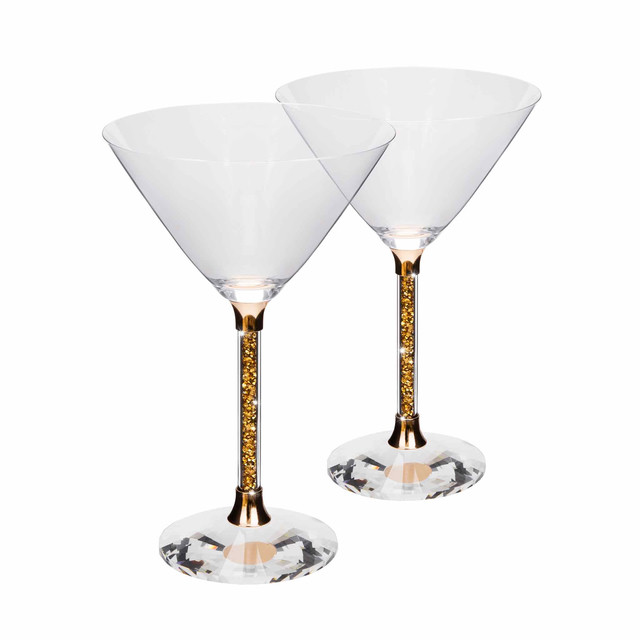 Gold crystal martini glass with a gold rhinestone-studded stem and a polished gold base.