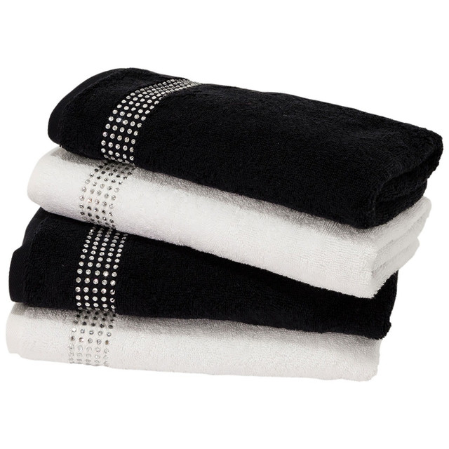 Set of two hand towels in black and white terry cotton with rhinestone border embellishments.
