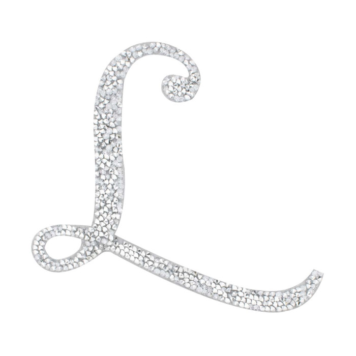 Silver script letter "L" with a textured surface embellished with small rhinestones featuring elegant curves and loops.