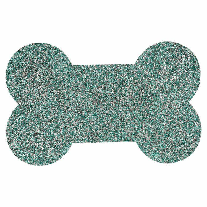 Aqua dog bone-shaped placemat with a non-slip glittery surface and rhinestone embellishments.