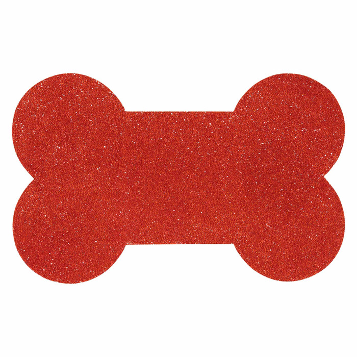 Red dog bone-shaped placemat with a glittery texture and rhinestone embellishments.