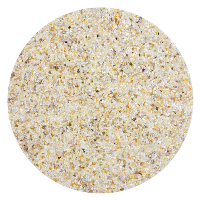 Round placemat made of resin with embedded seashells featuring a sandy beige color with hints of gold and iridescent flecks.