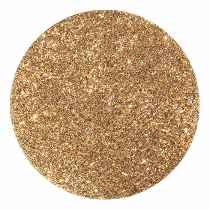 Round placemat covered in gold and silver glass beads with a textured surface and resin backing.