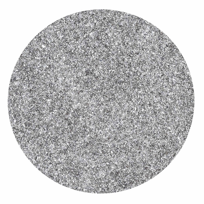 Round placemat with a textured silver surface featuring metallic rock-like embellishments in resin.