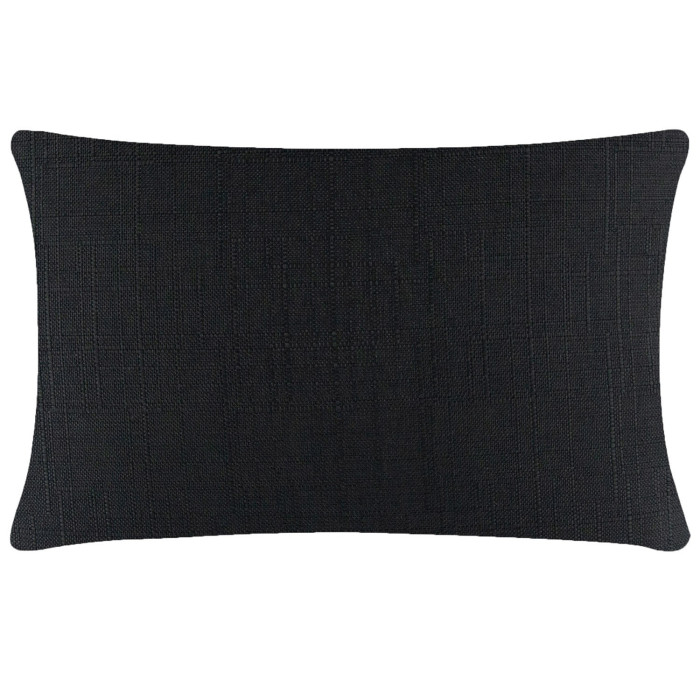 Woven rectangular pillow in black with a textured surface and rounded edges featuring a hidden metal zipper.