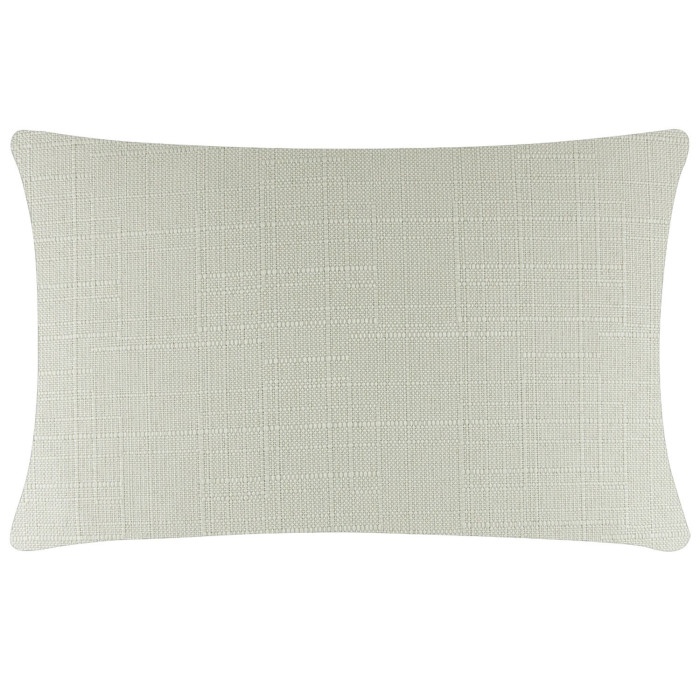 Rectangular pillow in light green linen with a textured woven pattern and rounded corners featuring a metal zipper.