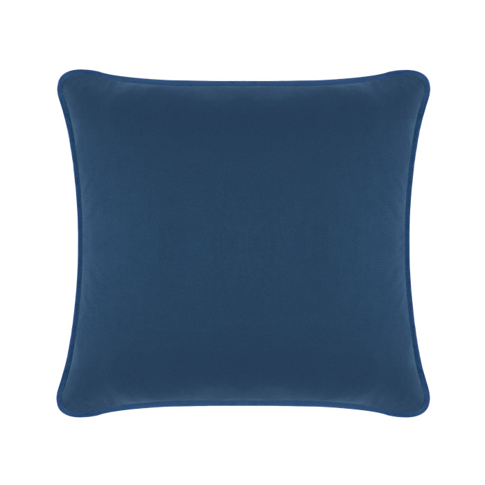 Navy velvet pillow with a smooth texture and rounded edges featuring a plush appearance and no visible embellishments.