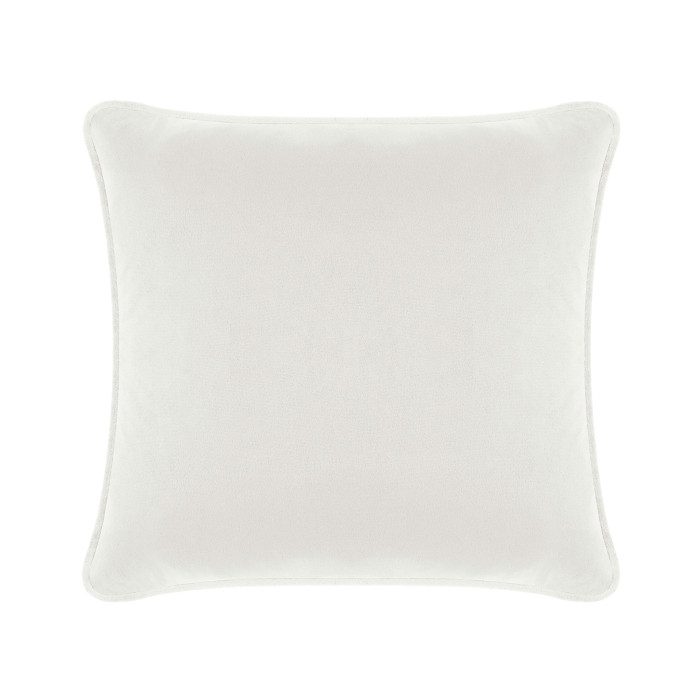 White velvet square pillow with rounded edges and a subtle sheen featuring a concealed metal zipper for easy care.