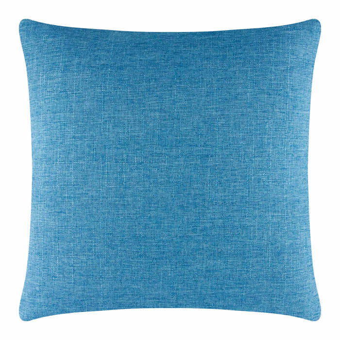 Square pillow in aqua with a textured woven fabric and a metal zipper measuring 20x20 inches.
