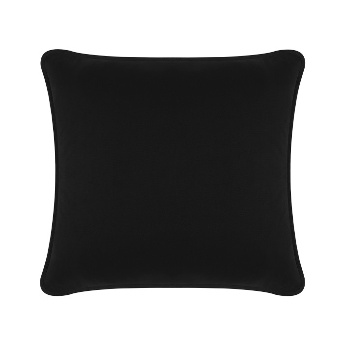 Black velvet square pillow with rounded corners and a smooth texture featuring a plush weighted interior.