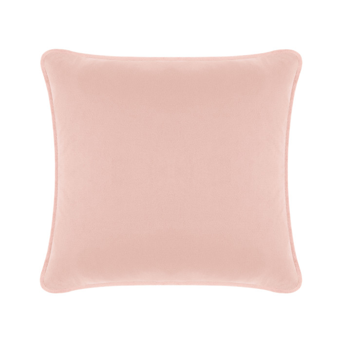 Blush velvet square pillow with a smooth texture and rounded edges featuring a subtle sheen and no visible embellishments.