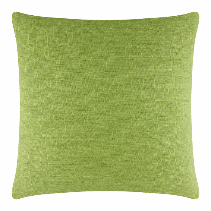 Square pillow in lime green woven fabric with a textured finish and a hidden metal zipper.