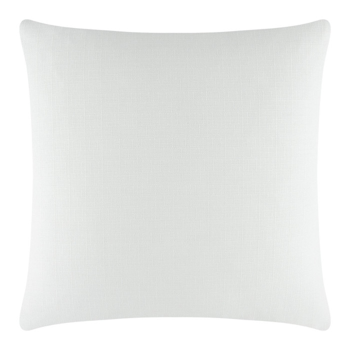 Woven square pillow in soft white with a textured pattern and rounded corners featuring a metal zipper on one side.