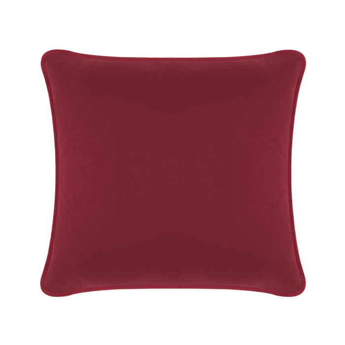 Burgundy velvet square pillow with rounded corners and a smooth texture measuring 24x24 inches.