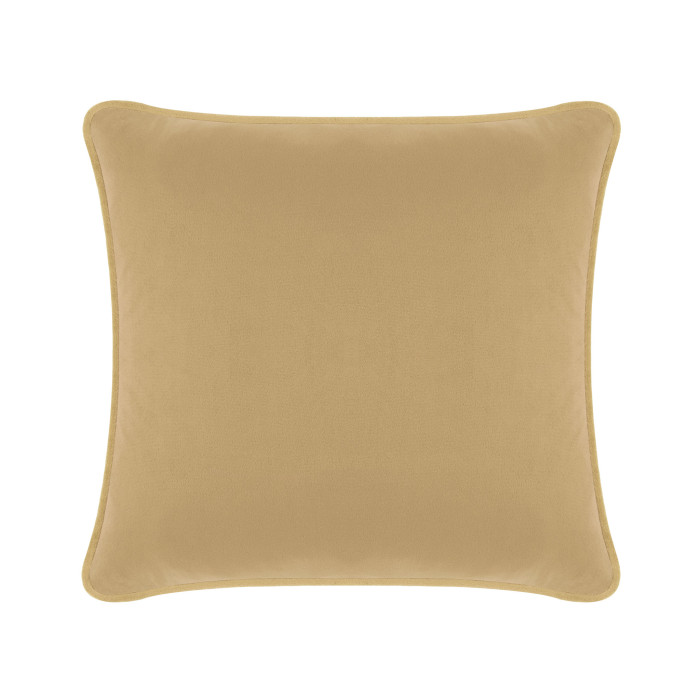 Champagne velvet square pillow with rounded corners smooth texture and a plush appearance.