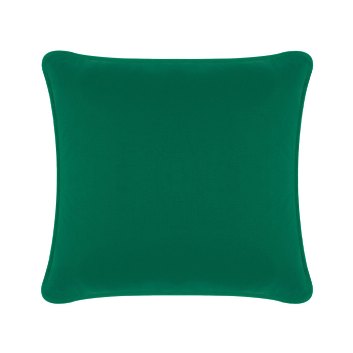 Emerald green velvet pillow with rounded corners and a smooth texture measuring 24x24 inches.