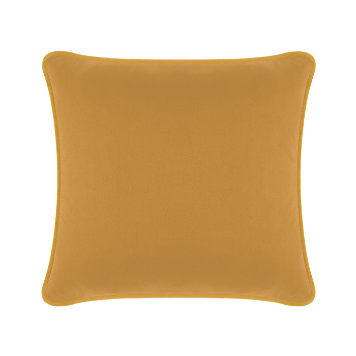 gold velvet square pillow with a smooth texture and rounded edges.