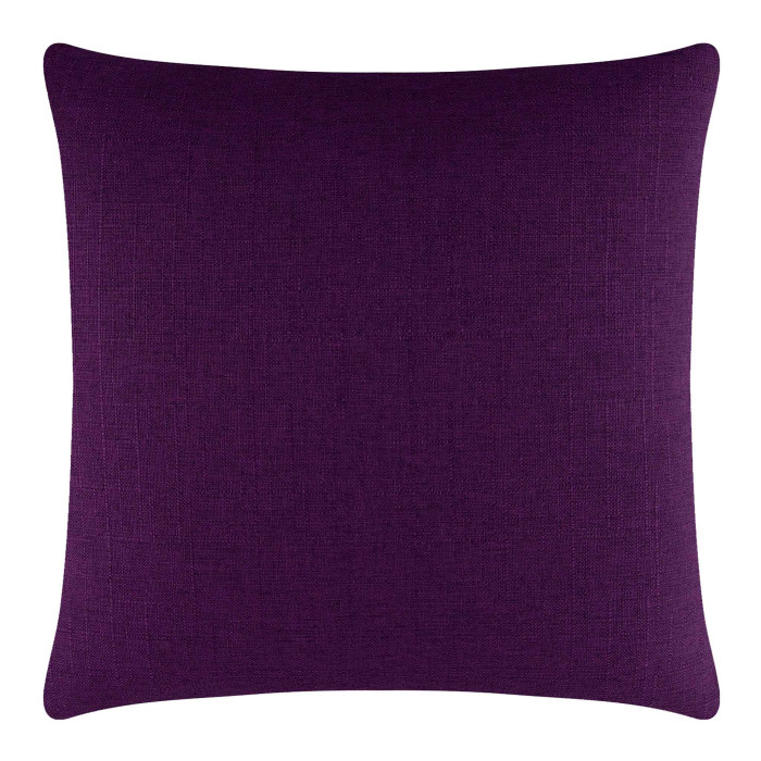 Square pillow in deep purple woven fabric with a textured finish and a hidden metal zipper.