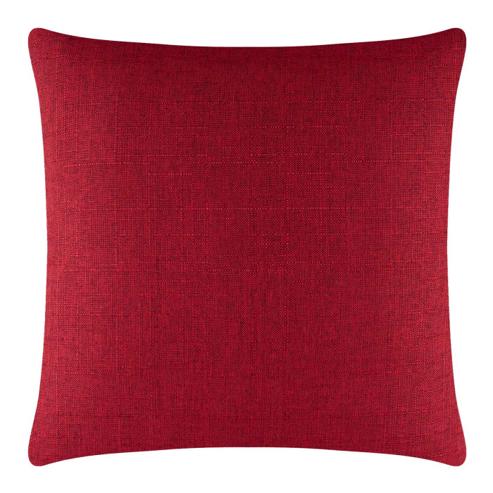 Red woven square pillow with a textured surface and a hidden metal zipper measuring 24x24 inches.