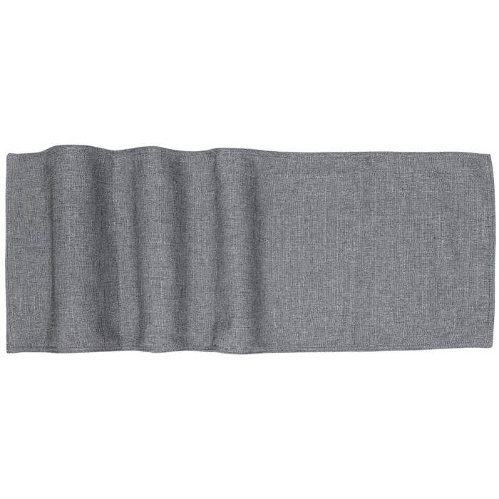 Woven table runner in textured gray fabric with a subtle heather pattern and wavy edges.