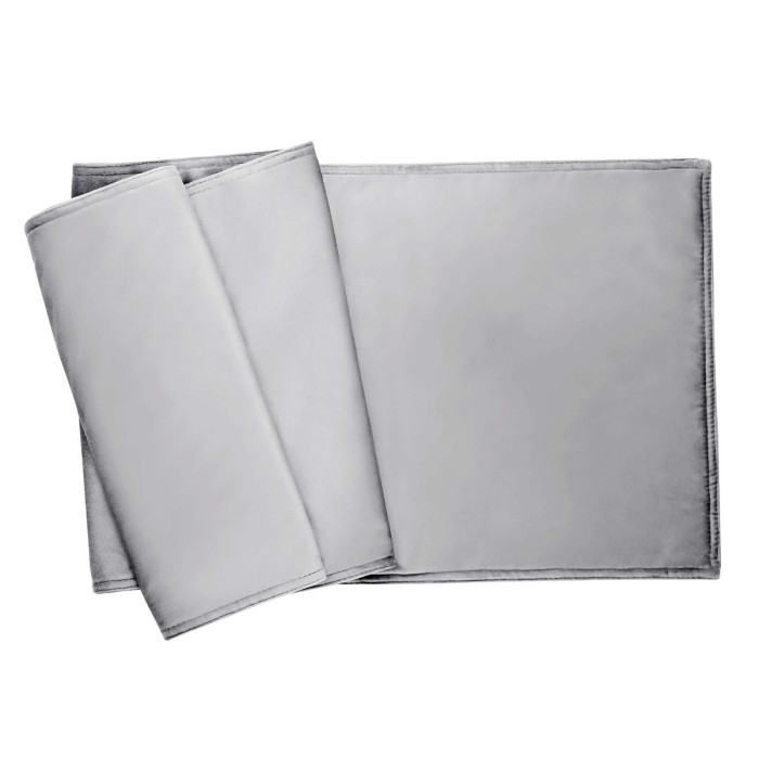 plush light gray velvet table runner with a smooth texture and folded edges.