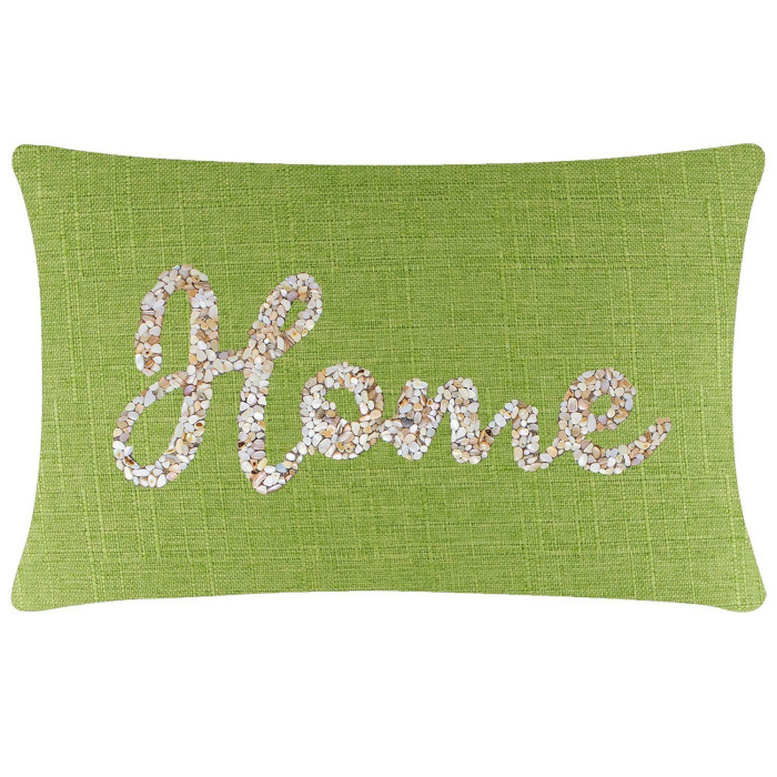 Rectangular lime green pillow with a textured fabric featuring a seashell "Home" design in beige and white tones.