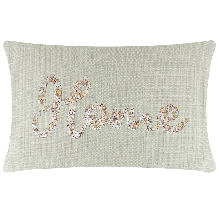 Rectangular pillow with a light green linen cover featuring a seashell "Home" design in beige and white embellishments.
