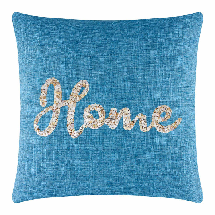 Aqua textured pillow with a seashell "home" design in beige and white featuring a plush insert and square shape.