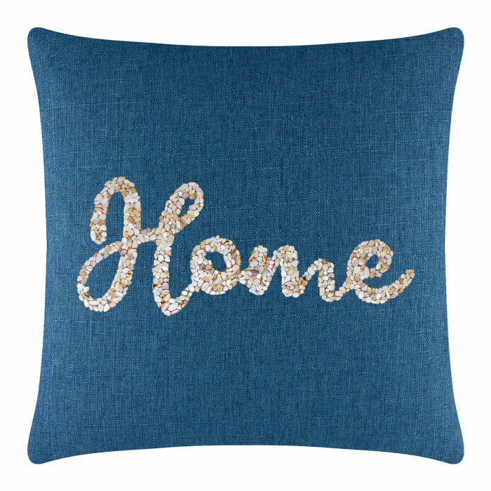Square pillow with a textured teal fabric featuring a seashell "home" design in beige and white embellishments.