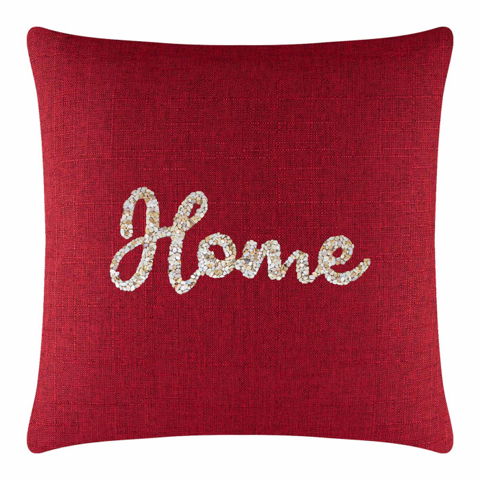 Red square pillow with a textured fabric and a seashell "Home" design in white and beige embellishments.