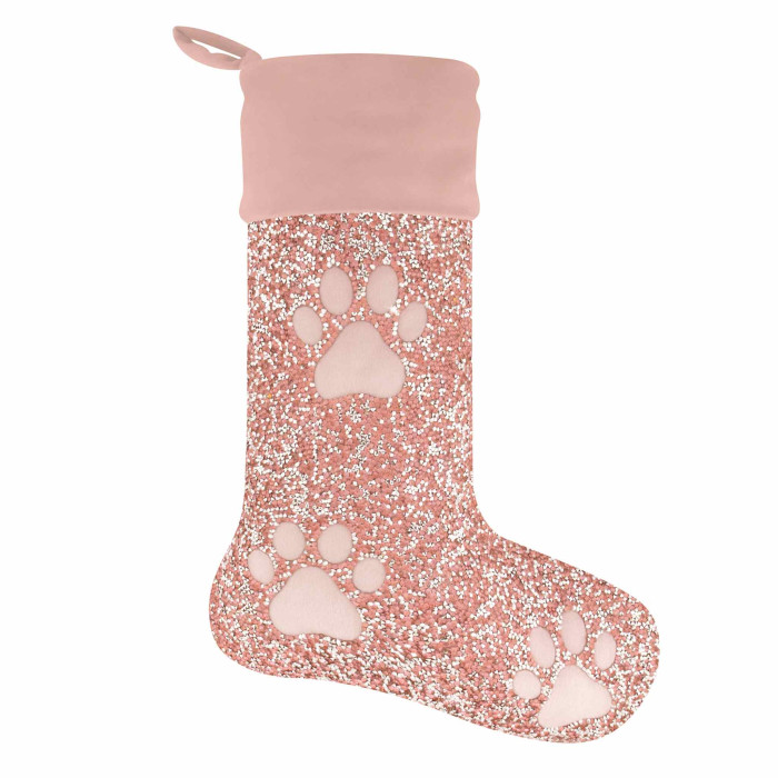 Pink velvet stocking with sparkling rhinestones featuring two white paw prints on a glittery pink background.