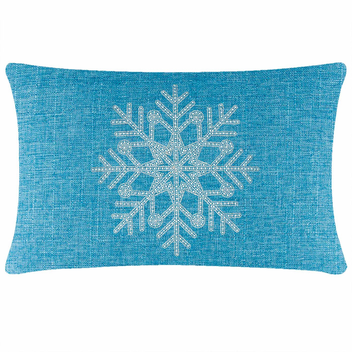 Aqua rectangular pillow with a textured surface and a rhinestone snowflake design in the center.