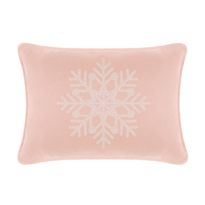 Blush velvet rectangular pillow featuring a rhinestone snowflake design in the center.