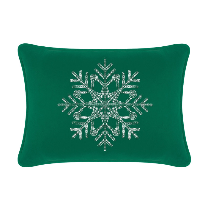 Emerald green velvet pillow with a rhinestone snowflake design rectangular shape measuring 14x20 inches.