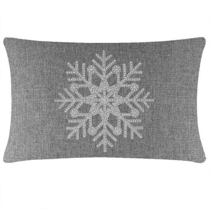 Gray rectangular pillow featuring a rhinestone snowflake design on a textured fabric surface.