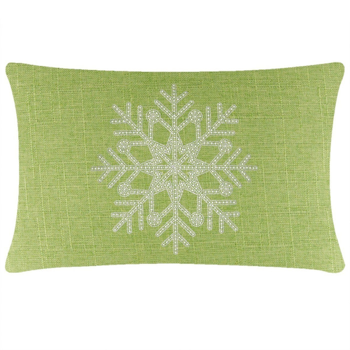 Lime green rectangular pillow with a textured fabric and a rhinestone snowflake design in the center.