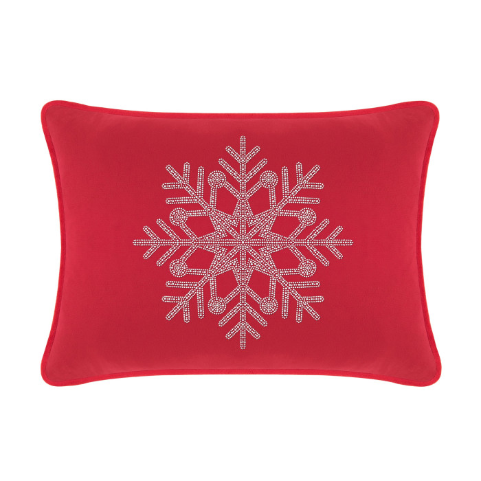 Red velvet rectangular pillow featuring a rhinestone snowflake design in the center.