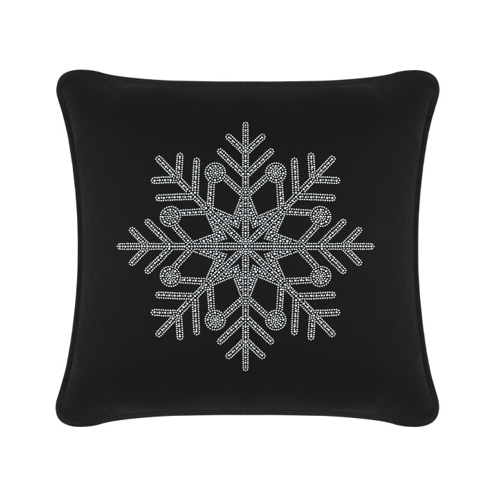 Black velvet pillow featuring a rhinestone snowflake design with intricate geometric patterns and rounded shapes.
