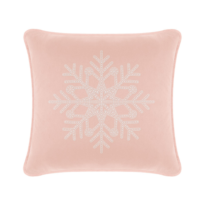 Blush velvet pillow with a rhinestone snowflake design square shape smooth texture and piped edges.