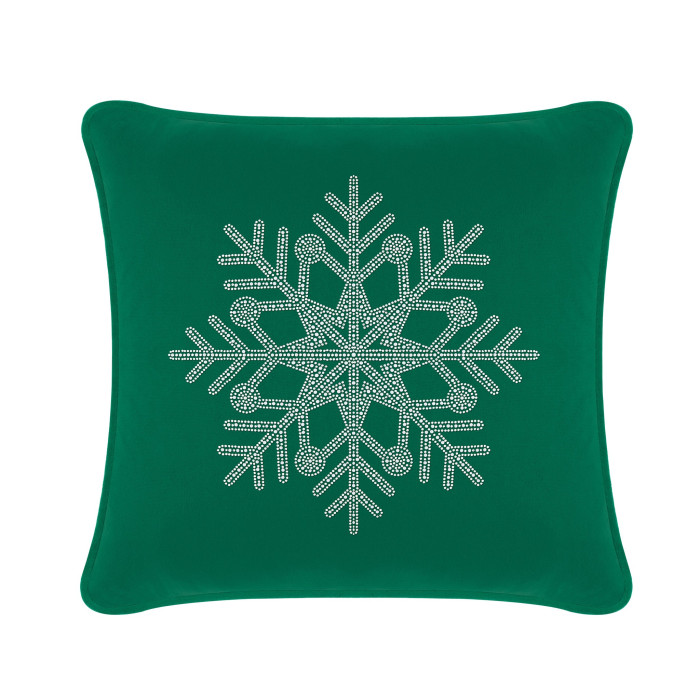 Emerald velvet pillow with a rhinestone snowflake design square shape and rounded corners measuring 16x16 inches.