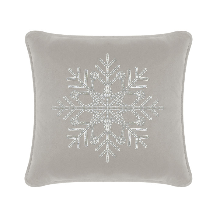 Silver velvet pillow featuring a rhinestone snowflake design on a soft textured surface square shape 16x16 inches.