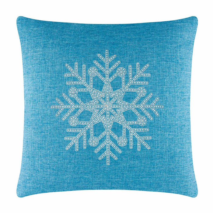 Aqua textured pillow featuring a rhinestone snowflake design in the center square shape 20x20 inches.